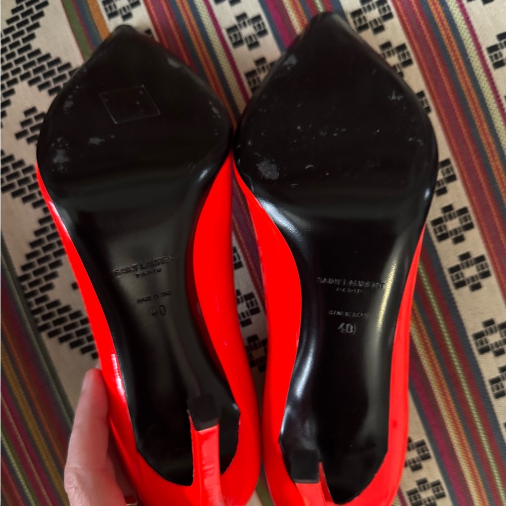 Saint Laurent Glossy Patent Leather Red Orange Heels 40Europe 9.5 US - Picture 7 of 16